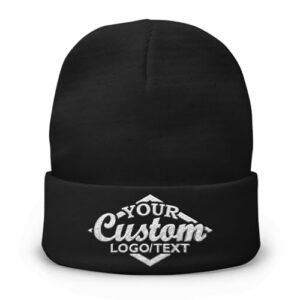 Black color knitted beanie hat with custom embroidery logo